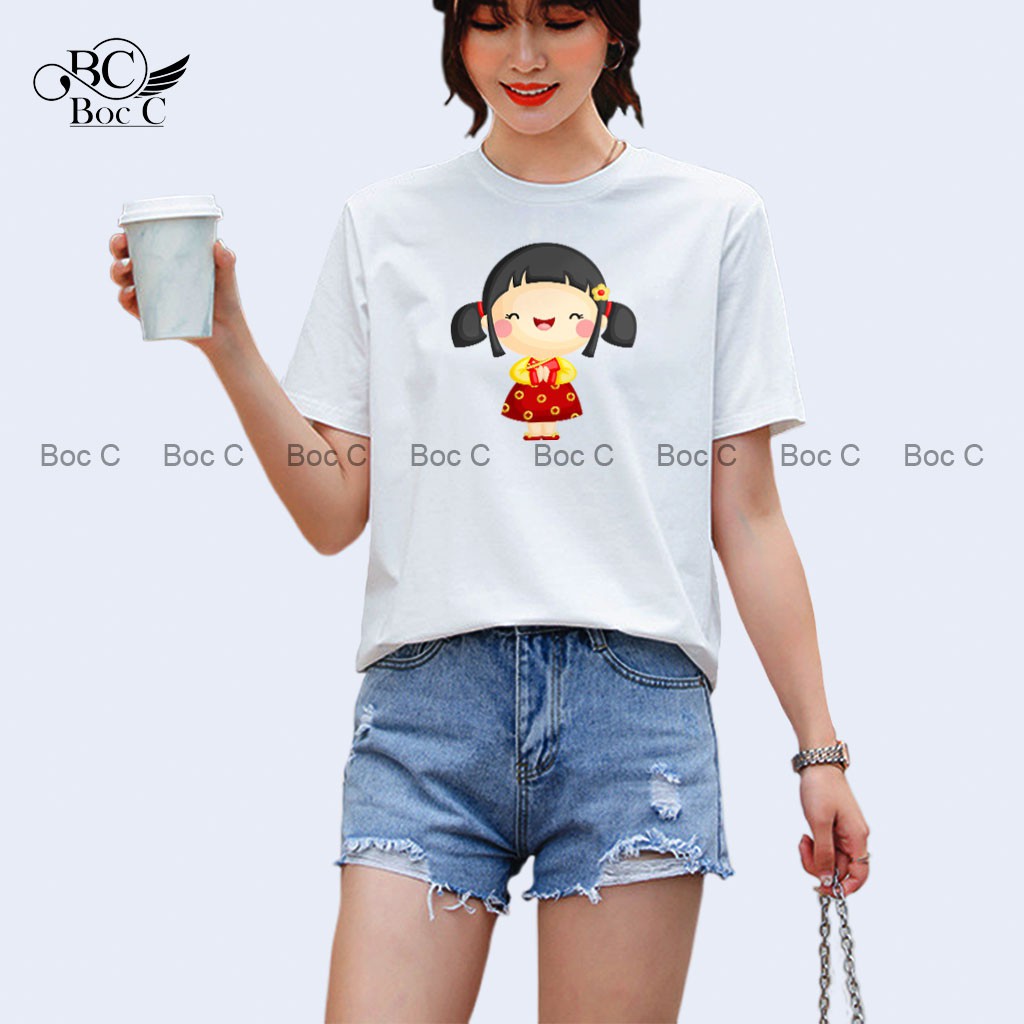 Áo thun unisex áo ngắn tay không cổ Bocc vải phông cotton trơn dày ấm in hình đẹp CÔ GÁI - Y18