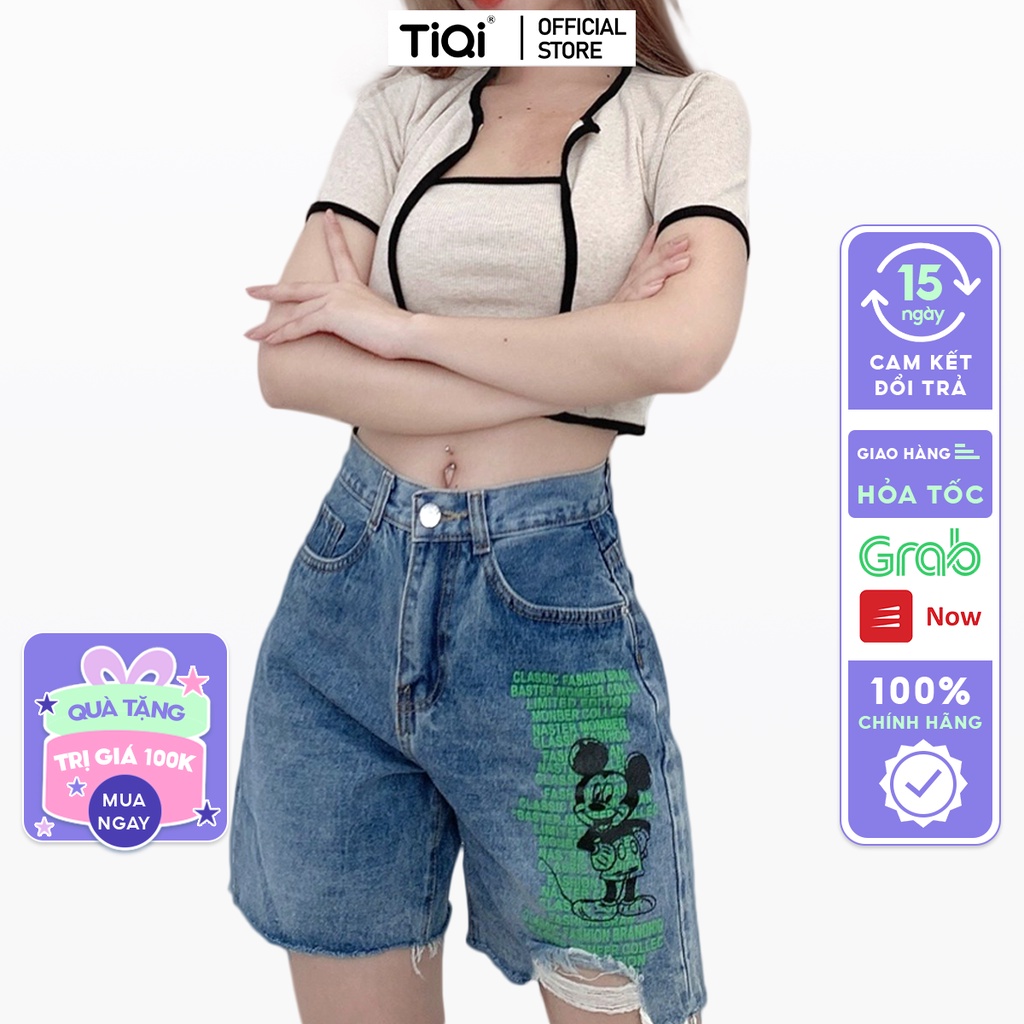 Quần jean ngố nữ lưng cao họa tiết Mickey TiQi Jeans N118