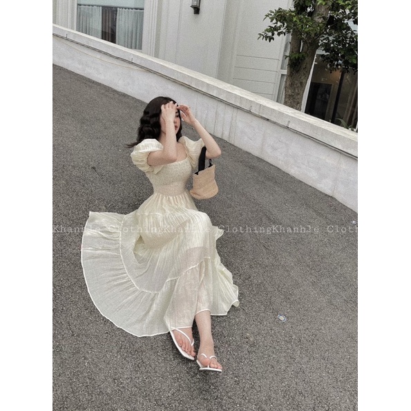 Váy maxi chun ngực tay bồng