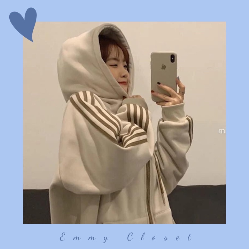 Áo khoác hoddie nỉ lót bông ulzzang 3 sọc kiểu dáng thể thao form rộng unisex trơn basic (chất áo dày dặn)