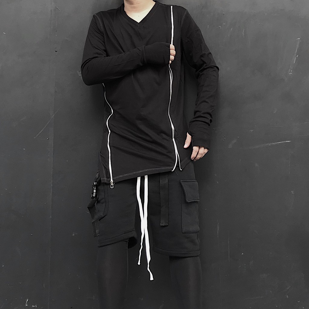Áo thun dài tay khoá kéo dài Lexuza 026, cổ tim, cotton cao cấp
