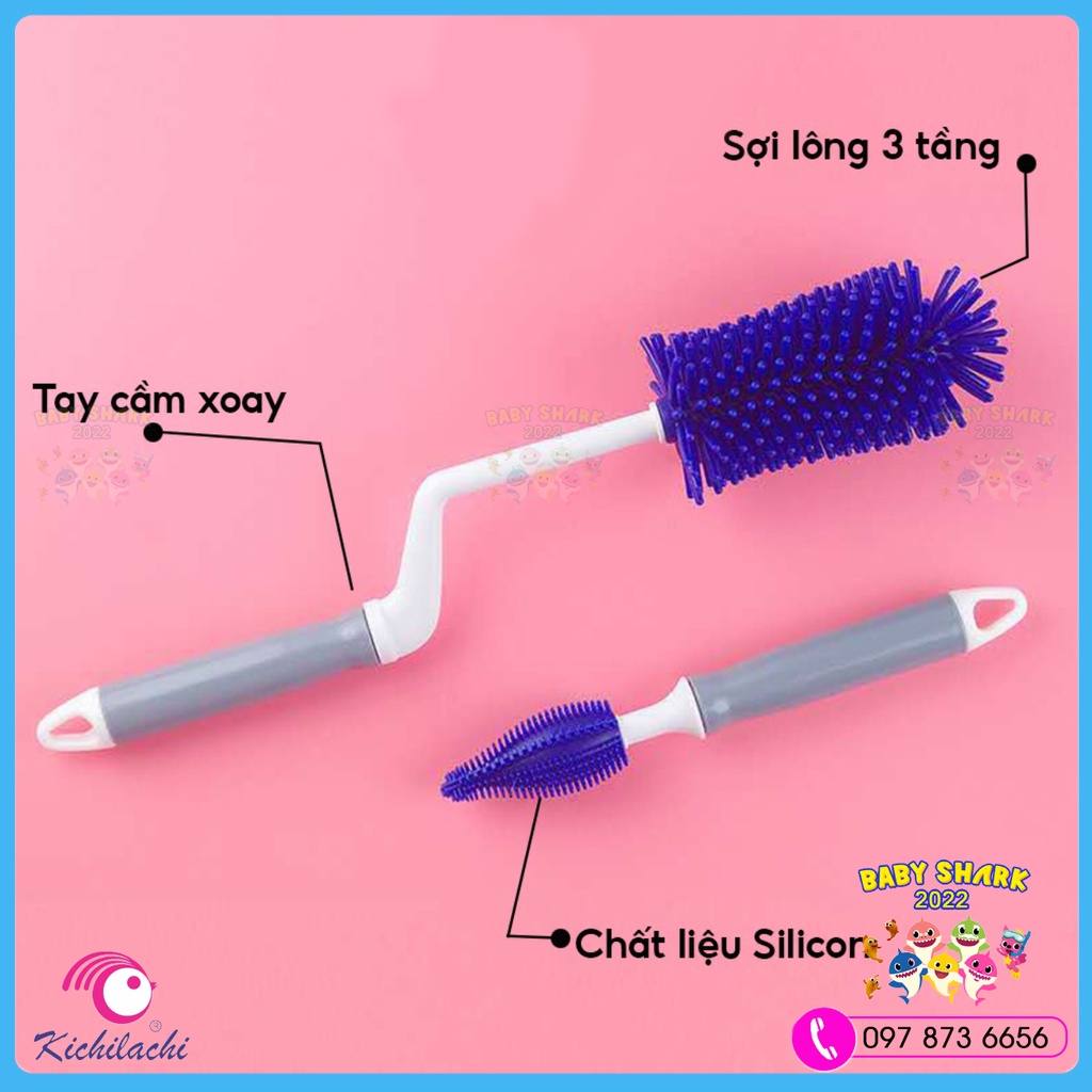 Cọ bình sữa Silicon cao cấp KICHILACHI tay cầm xoay 360 độ dùng cho mọi loại bình