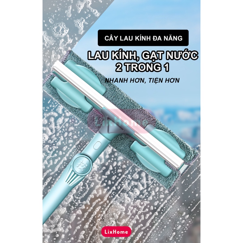 Cây lau kính thông minh cán dài 112 - 116cm hai mặt chuyên dụng, cây lau kiếng vừa lau vừa gạt hai trong một 2 bông lau