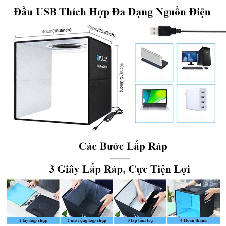 Hộp chụp sản phẩm Puluz Có sẵn Đèn Led xếp gọn tiện lợi 20cm 25cm 30cm 40cm 60cm 80cm 200cm Puluz Việt Nam