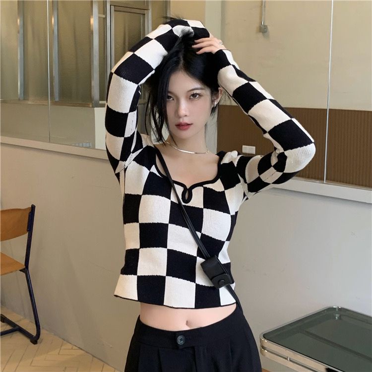 Áo croptop Tay Dài Kẻ Sọc Caro Phong Cách Hàn Quốc