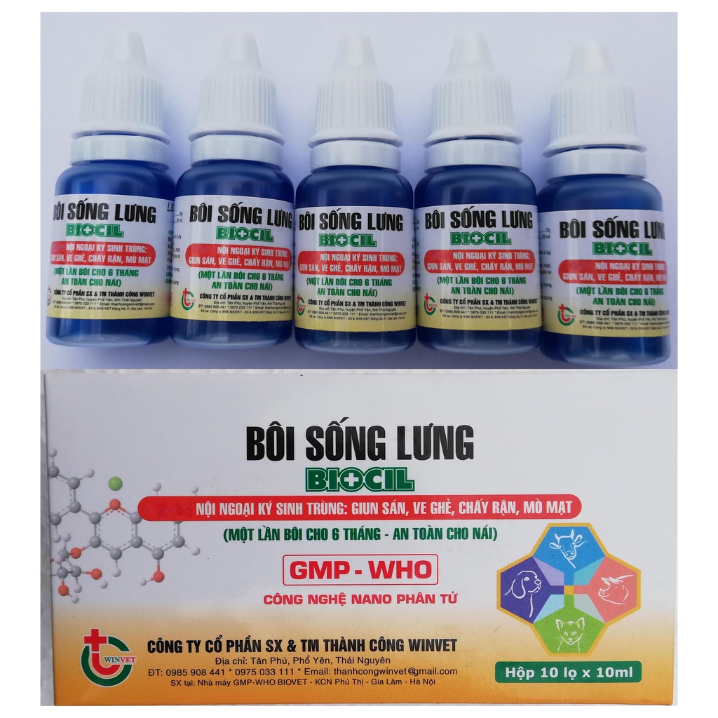 1 lọ BIOCIL 10 ml Bôi sống lưng chuyên dùng cho vật nuôi mắc giun sán, ve, ghẻ, chấy rận, mò mạt, bọ chét, bọ chó