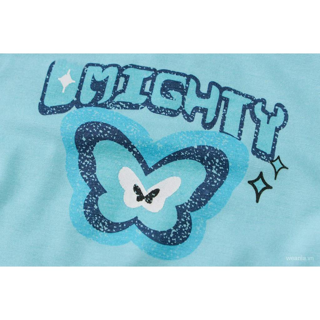 Áo Croptop Cổ Tròn In Chữ Và Bướm Xinh Xắn Cho Nữ