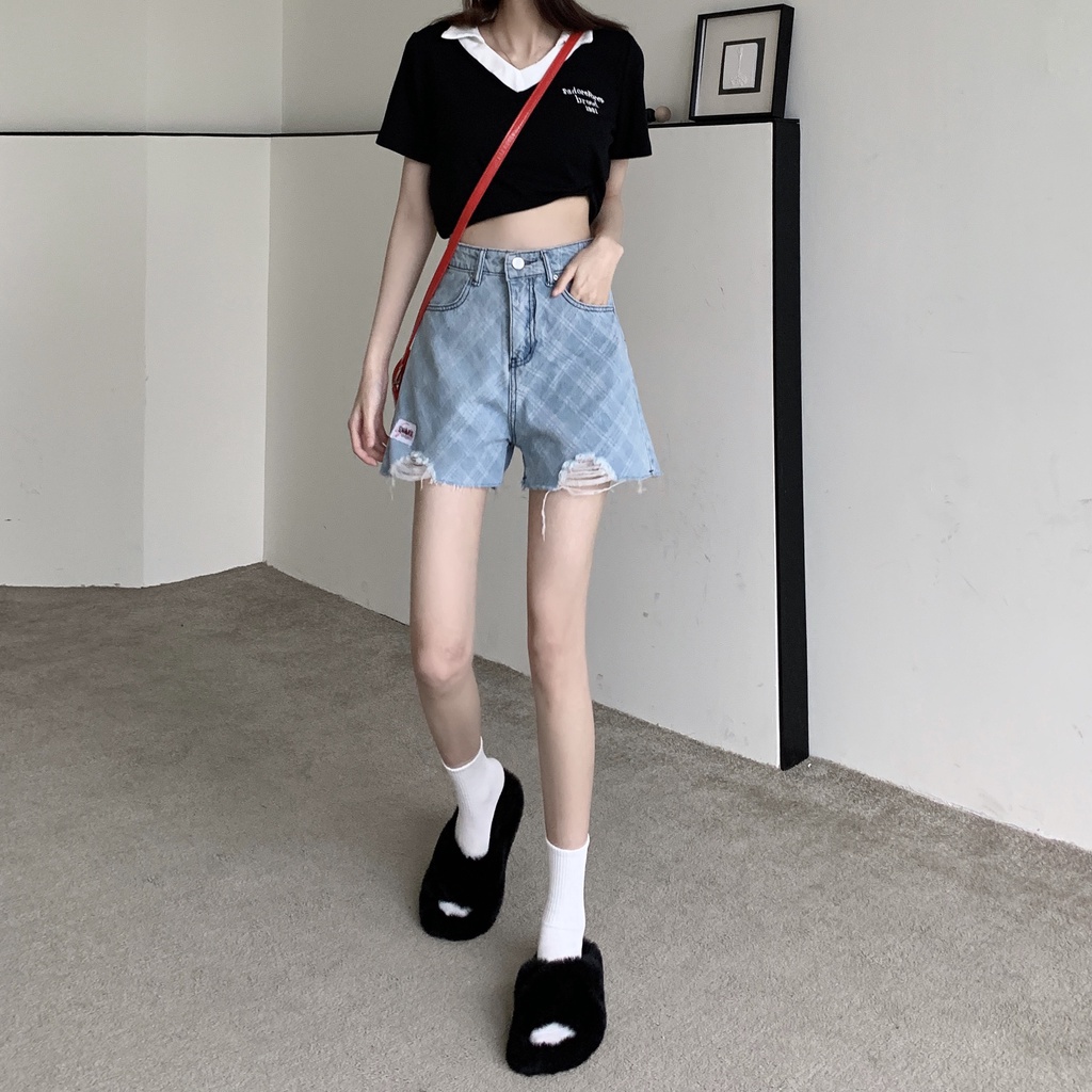 SUXI Quần Short Denim Lưng Cao Dáng Chữ A Màu Trơn Thời Trang Mùa Hè Cho Nữ