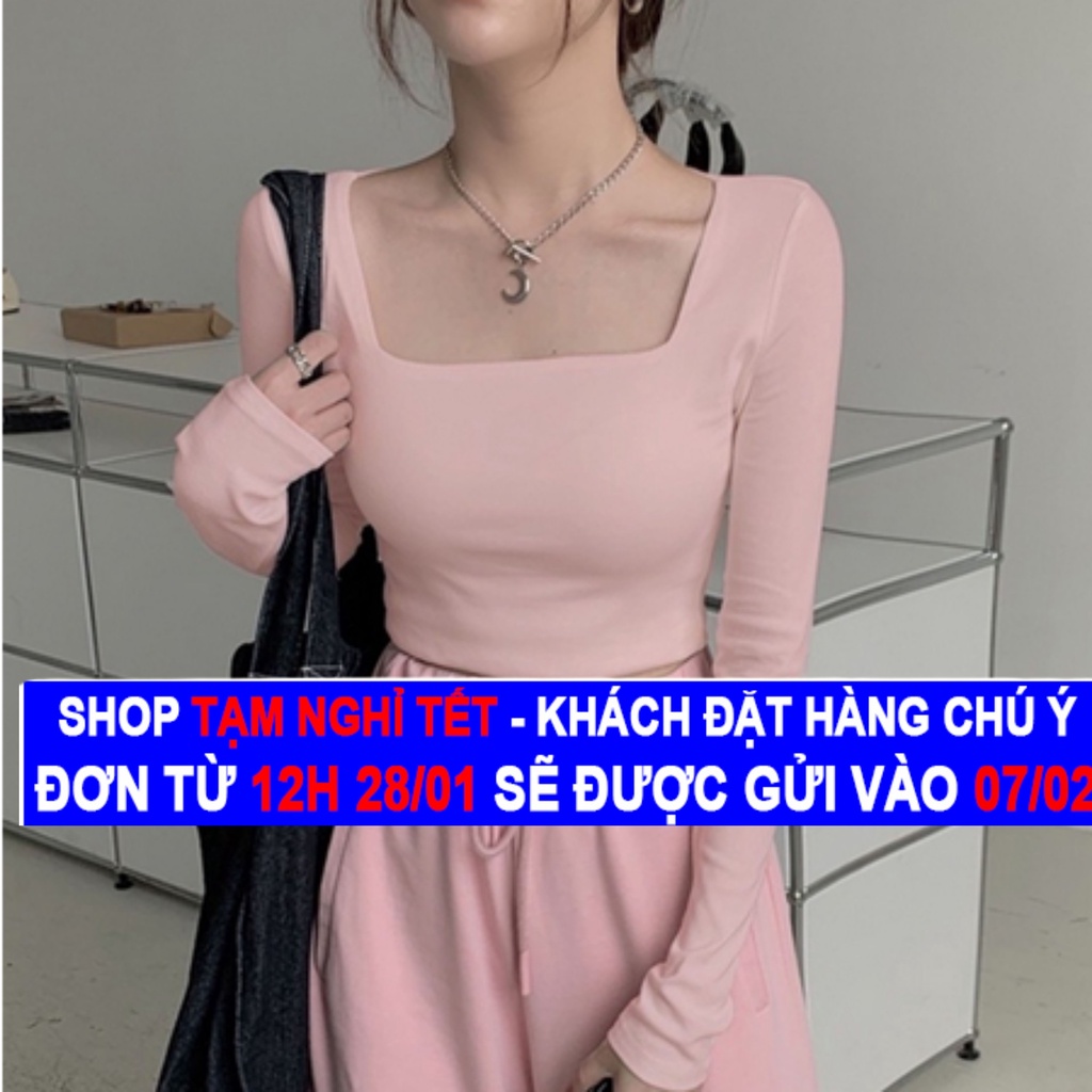 Áo thun croptop nữ cổ vuông tay dài ôm body 100% Cotton, áo croptop dài tay nữ cổ vuông nhiều màu-ACTDT01