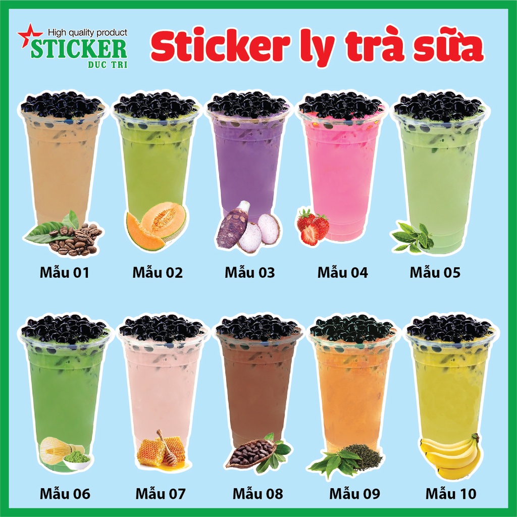 Sticker hình ly trà sữa cao 21cm dùng trang trí quán. Decal nhựa không thấm nước.