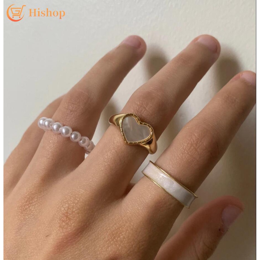 Bộ 3 Nhẫn Đính Ngọc Trai Hình Trái Tim Nhỏ Giọt Tinh Tế Cho Nữ