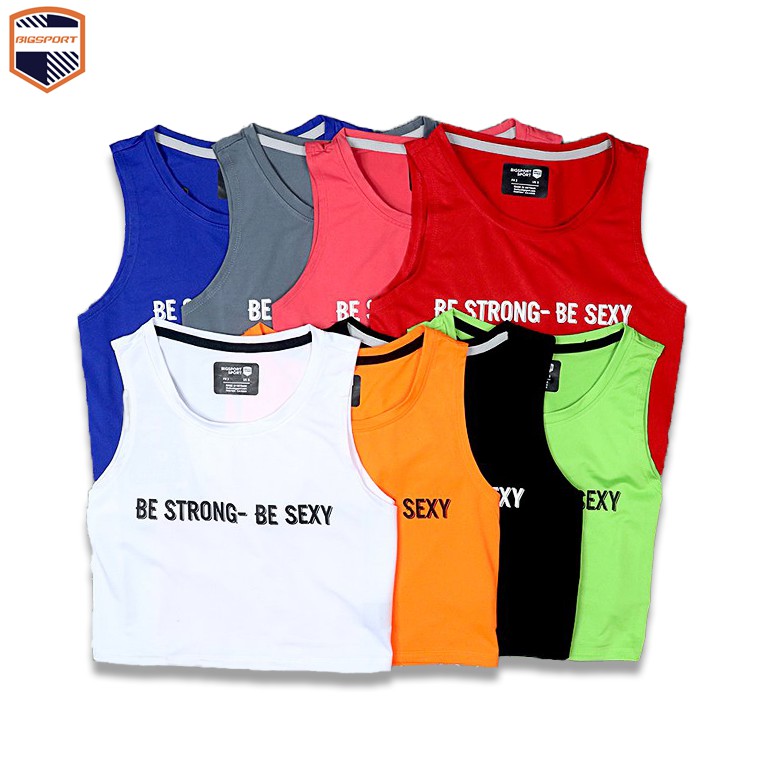 Áo Thun Croptop Ba Lỗ Nữ Thể Thao Sát Nách Form Rộng Tập Gym Yoga In Chữ Be Strong - Be Sexy Cao Cấp Big Sport