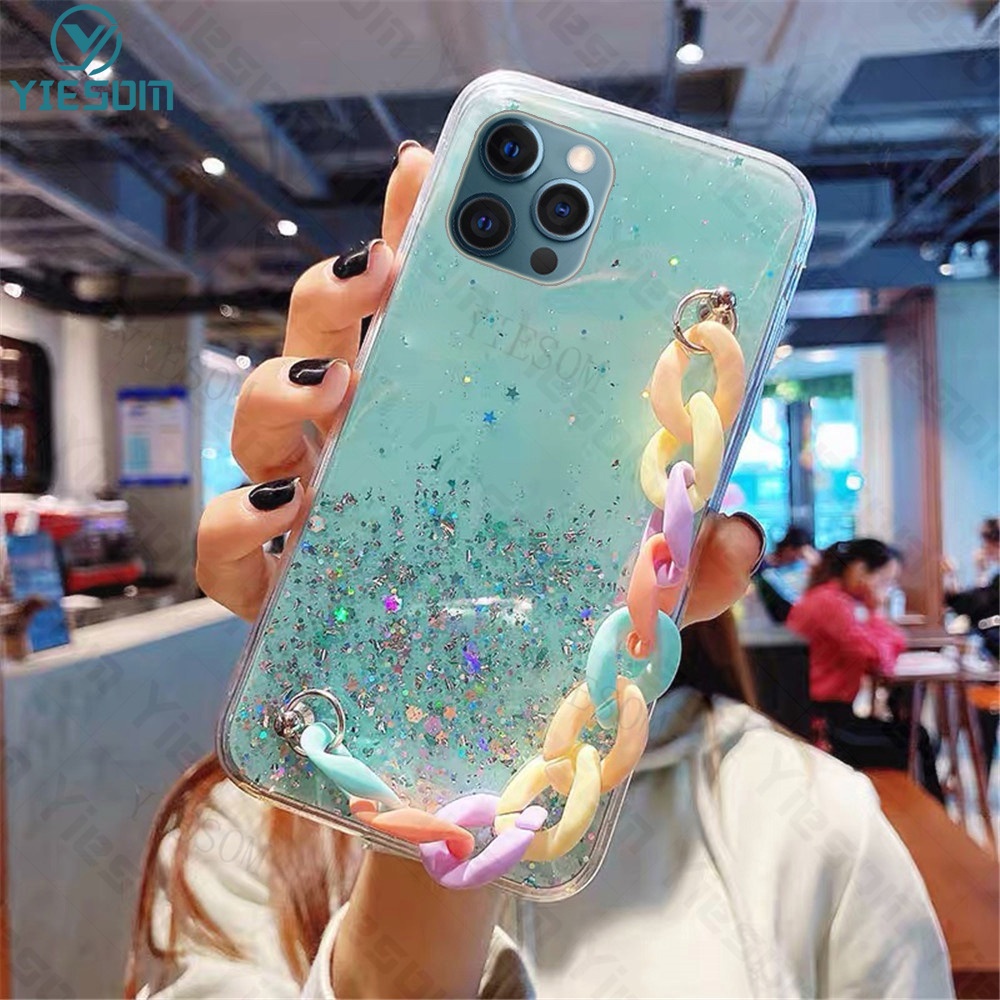 Ốp Điện Thoại Silicon Dẻo Trong Suốt Họa Tiết Cầu Vồng Kèm Dây Đeo Tay Cho iPhone 13 12 11 Pro Max