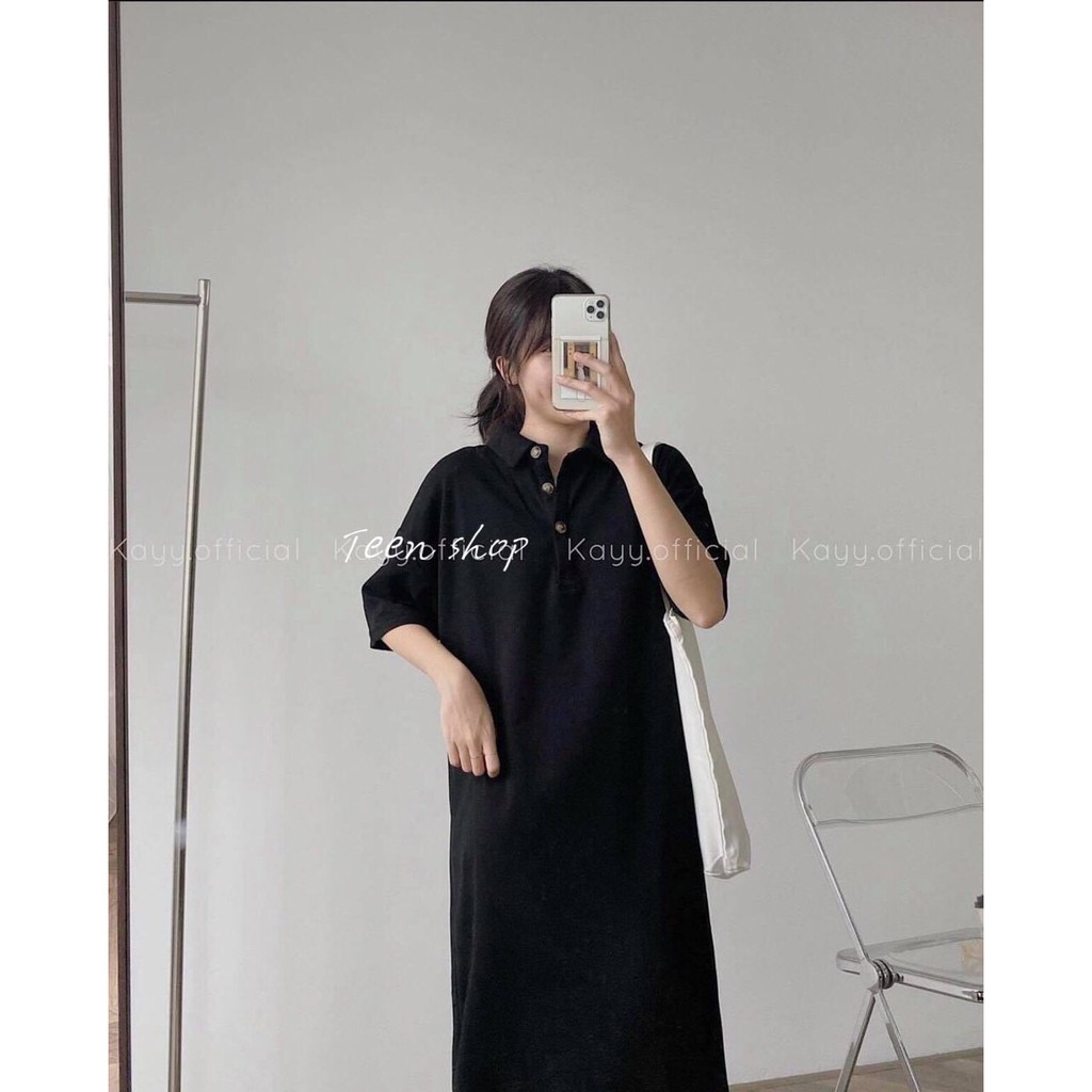 Váy Polo Cúc Đồng   🌸 Đầm dáng suông màu đen trơn, thun tay lỡ bánh bèo cá tính Ulzzang 🌸