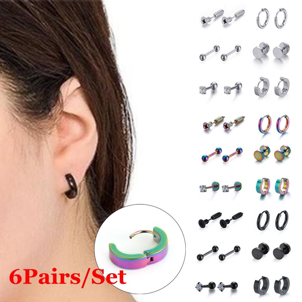 Set 6 cặp khuyên tai tròn bằng thép không gỉ màu đen phong cách gothic cho nam và nữ