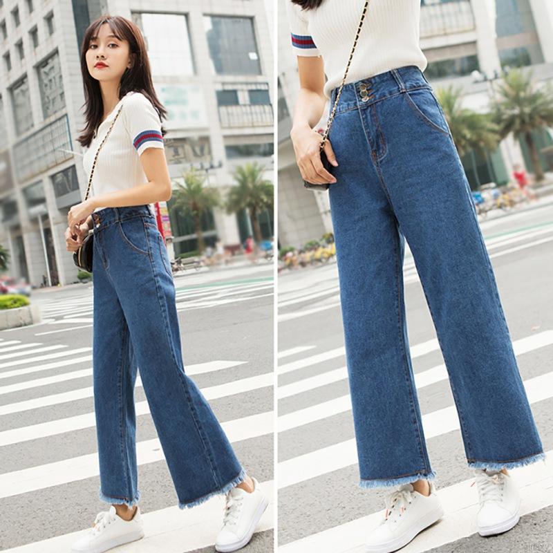 Quần jean ống suông lưng cao phong cách Retro Hàn Quốc trẻ trung