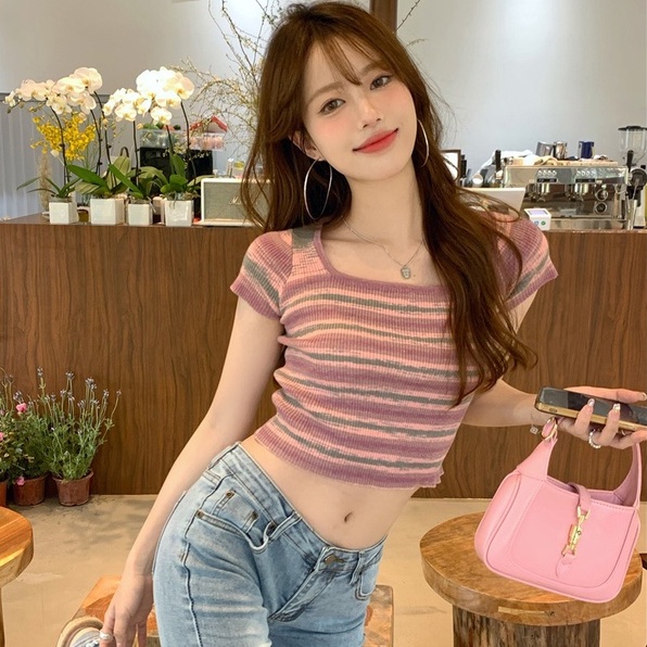 Áo thun ZHELIHANGFEI dệt kim ngắn tay họa tiết kẻ sọc phong cách quyến rũ