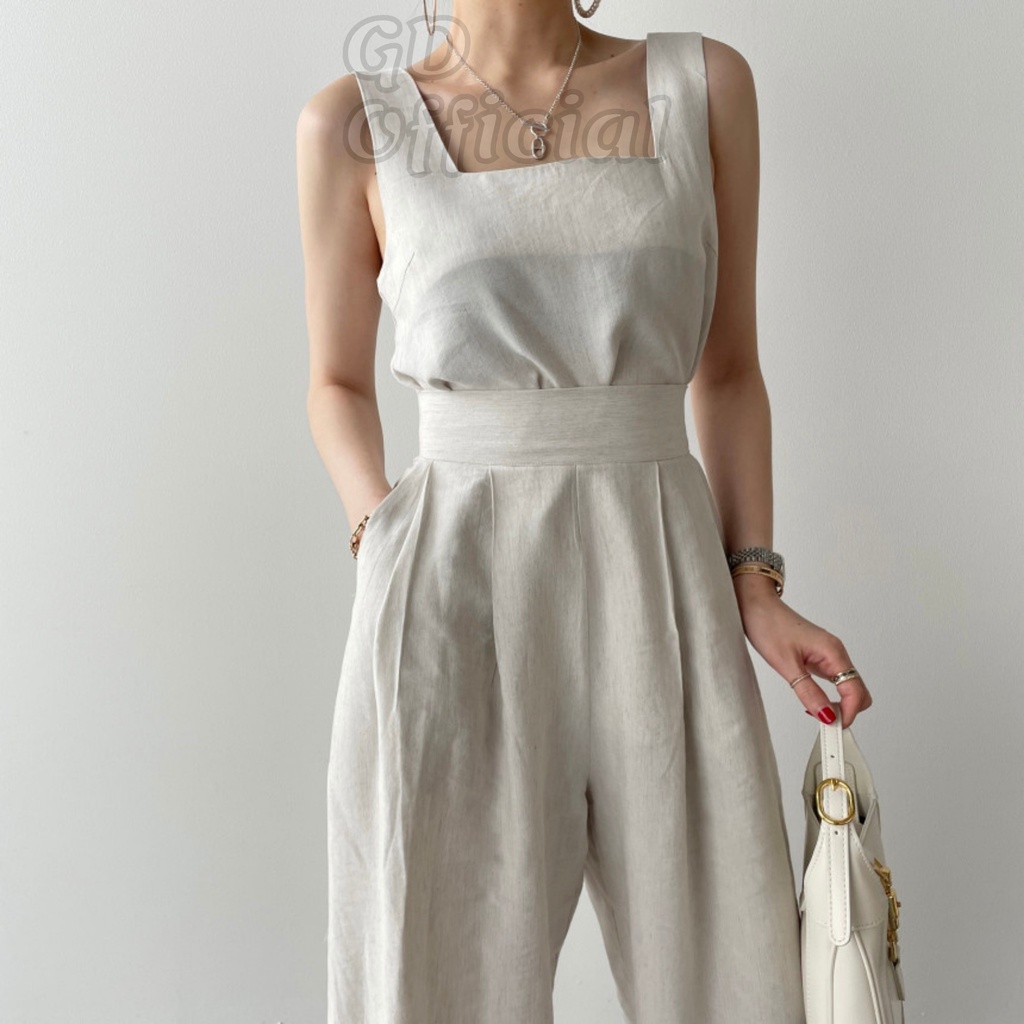 B88|Set bộ nữ cotton áo hai dây không tay cổ vuông, quần lưng cạp cao suông dài đơn giản be, xám, kaki, đen GD Official