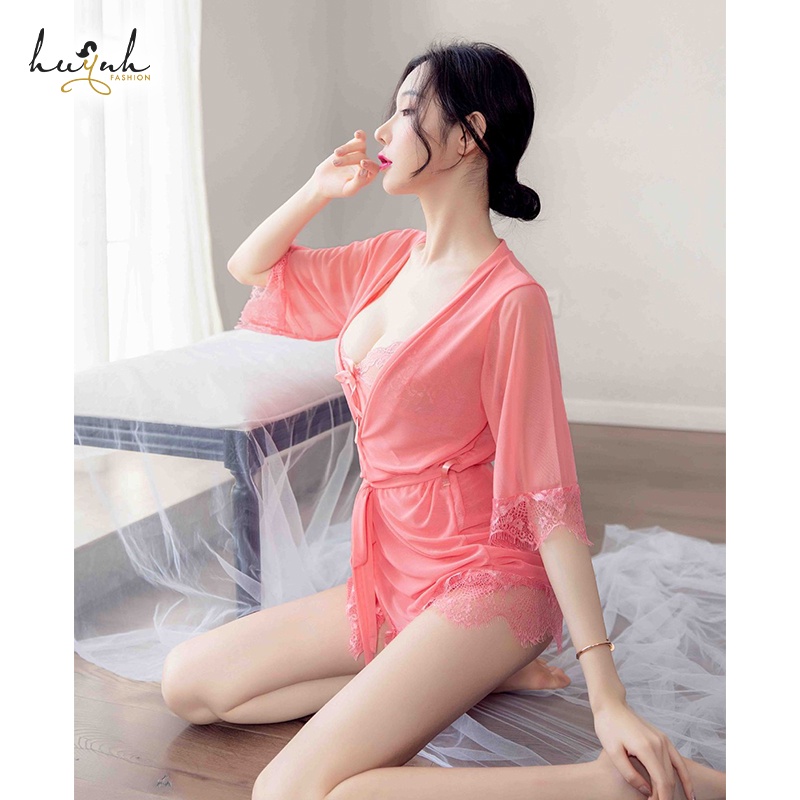 Váy Ngủ Kèm Áo Choàng Phối Ren Xuyên Thấu Gợi Cảm - N14