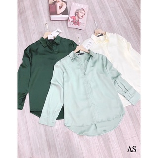 Anu812 - áo sơ mi nữ lụa cổ đức trơn dài tay