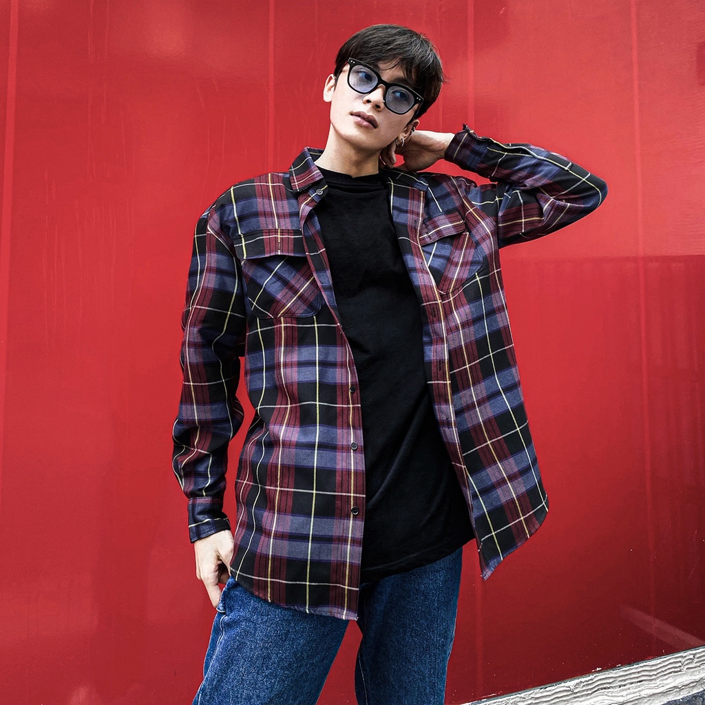 Áo Sơ Mi Flannel Màu Tím Chất Liệu Cotton Thoáng Mát