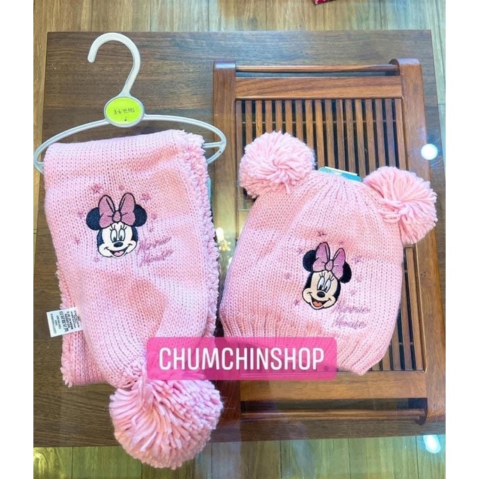 Set khăn mũ Minne / Set khăn mũ len nhập Uk cho bé gái 3-6 tuổi - Màu Hồng hoạ tiết Minnie