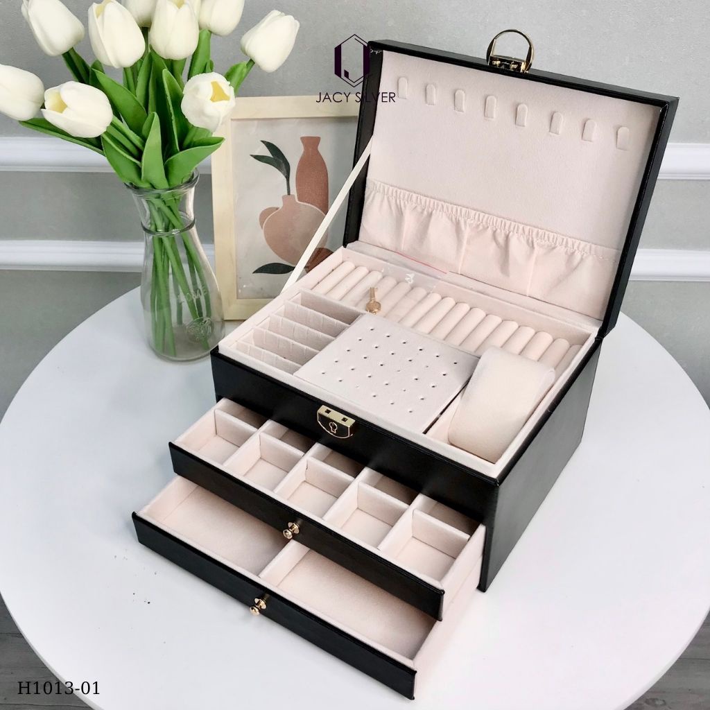 Hộp da đựng trang sức nắp trần chỉ trám cao cấp, hộp 3 tầng đựng dây chuyền, nhẫn, khuyên tai, lắc tay, đồng hồ H1013