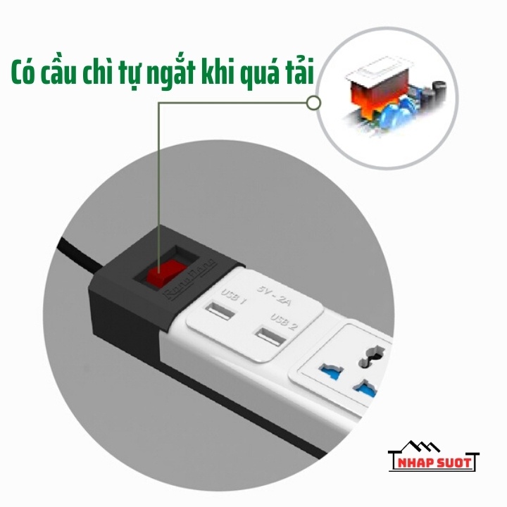 Ổ cắm liền dây đa năng Rạng Đông có cổng USB 5V 2A, ổ điện có màng che an toàn, công suất 2500W (Model: OC02.USB/10A)