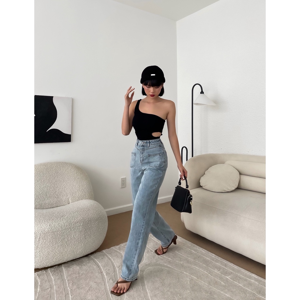 Quần jeans nữ ống rộng CHICMONKI lưng cao túi ốp phom cực đẹp màu xanh đậm CMJ1159 | BigBuy360 - bigbuy360.vn