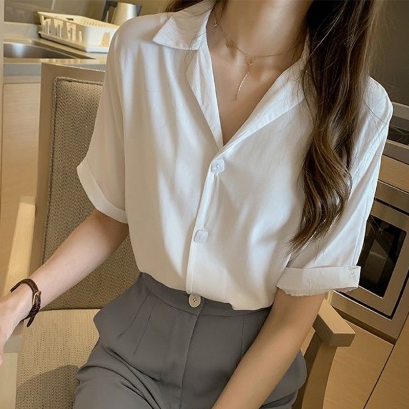 Áo Sơ Mi Trơn Ngắn Tay 178524 Áo Sơ Mi Dáng Rộng Thiết Kế Thời Trang Dễ Phối Đồ