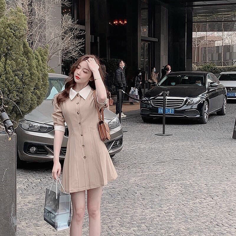 Đầm Chữ A Cổ Sen Cài Nút Nữ Tính Màu Nâu Nhạt Chít Eo Mặc Đi Làm, Đi Tiệc Cực Xinh Thời Trang Nữ Minh Phúc