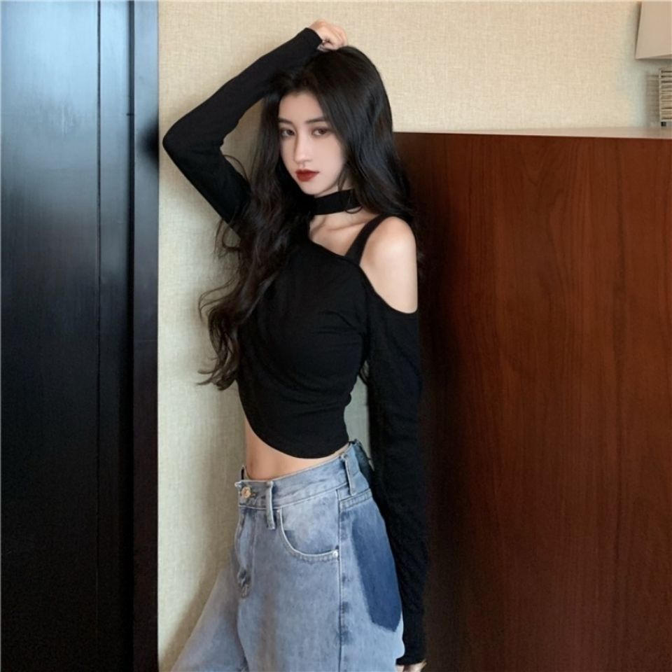 Áo Croptop Tay Dài Trễ Vai Màu Đen Phong Cách Hàn Quốc Cho Nữ