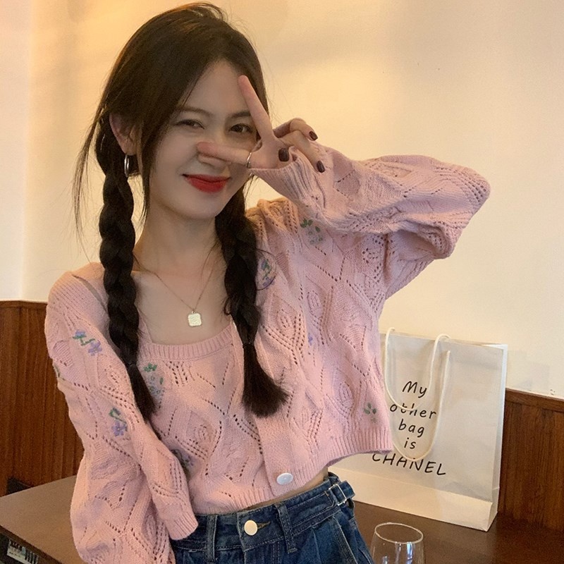 ZHELIHANGFEI Áo Cardigan Dệt Kim Tay Dài Thêu Họa Tiết Ngọt Ngào Quyến Rũ