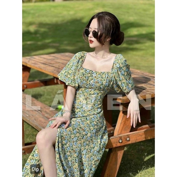 Đầm bông lụa đính nút kiểu xẻ tà tay bồng cổ vuông