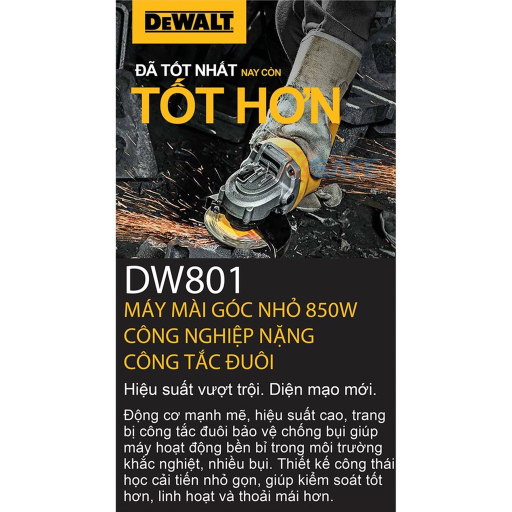 Máy mài góc cầm tay DEWALT 850W Máy cắt sắt cầm tay có bộ ly hợp bảo vệ quá tải,ren trục M10, tốc độ 11000v/p