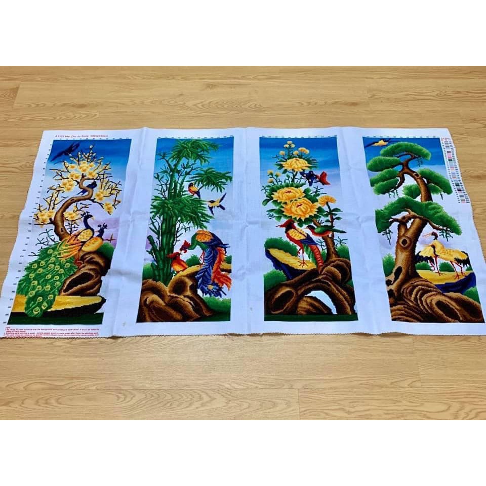 Tranh thêu chữ thập thành phẩm tứ quý đào lan trúc cúc