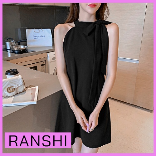 Váy Cổ Yếm Không Tay RANSHI Đầm Suông Thắt Nơ Lệch Siêu Sang Đi Làm Dự Tiệc Cho Nữ Màu Đen Và Đỏ- RBD012
