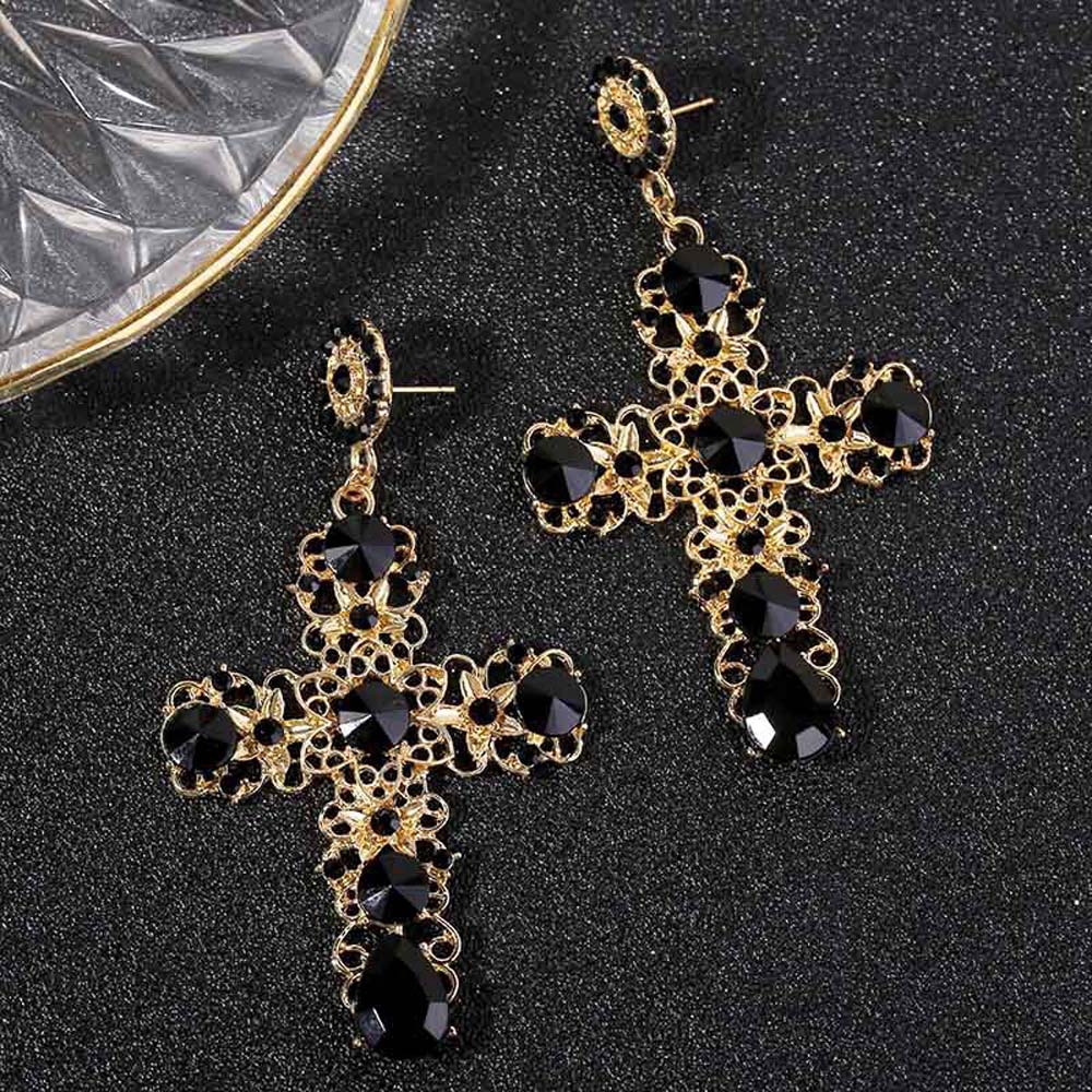 Khuyên tai đính đá hình thập tự giá màu đen hồng phong cách tinh tế chất lượng cao