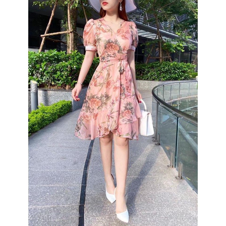 Đầm hoa cổ tim tay bồng ngắn dáng suông chất voan mềm mát tôn dáng tôn da phù hợp đi chơi dự tiêc V1485