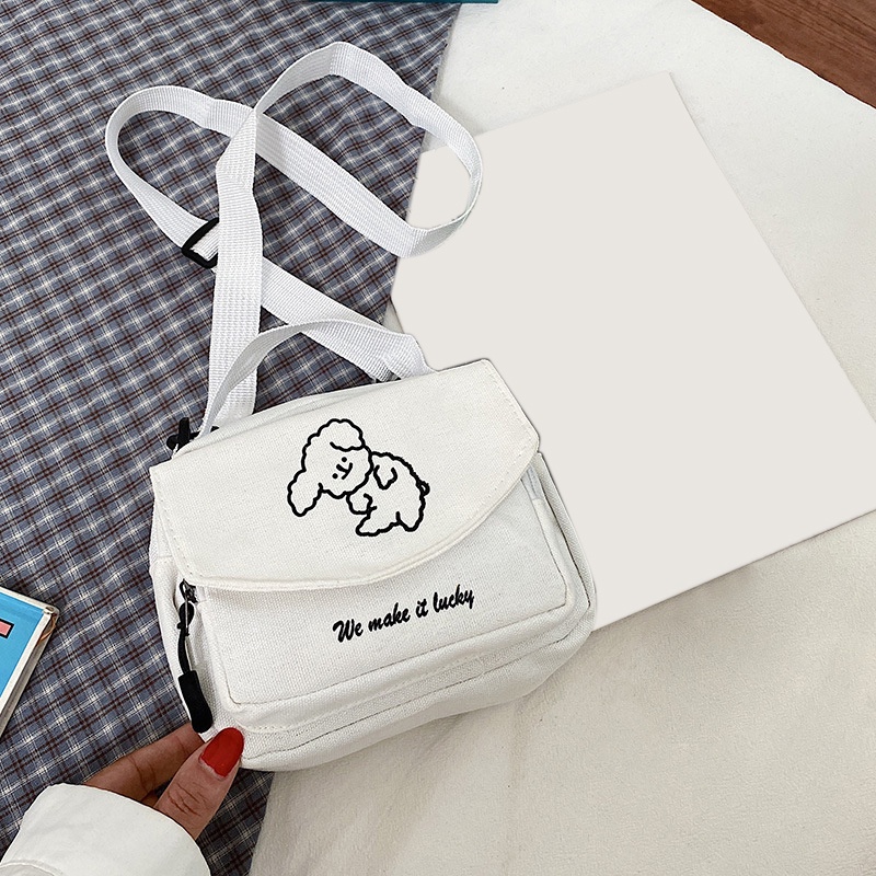 Túi canvas đeo chéo thêu hình cún phong cách Harajuku Nhật Bản đáng yêu cho nữ