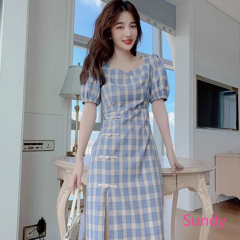 Đầm Sườn Xám Cách Tân Họa Tiết Sọc Caro Phong Cách Retro Cho Nữ