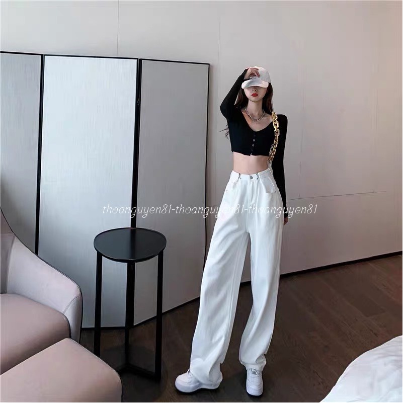 Quần jean nữ dáng suông ống rộng trắng lưng cao ống rộng kiểu Hàn Quốc dễ phối đồ cho nữ