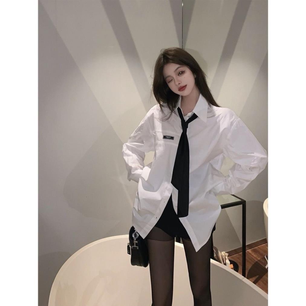 Áo sơ mi nữ form rộng dài tay phối cavat thời trang Unisex chất vải lụa mềm mại