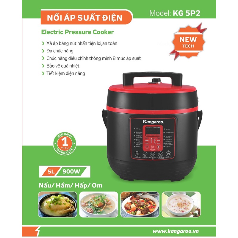 [Mã ELHADEV giảm 4% đơn 300K] Nồi áp suất điện tử 5L Kangaroo KG5P2 - 8 chế độ nấu