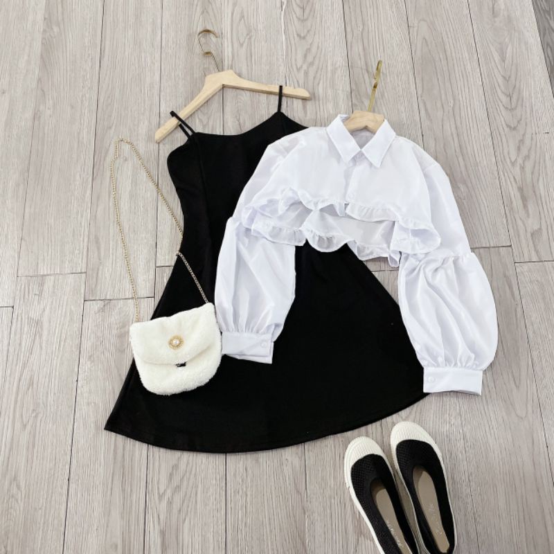 [Ảnh thật]Set váy nữ dễ thương 2 món áo khoác sơ mi croptop, váy umi 2 dây đẹpThời trang nữ cao cấp.Set váy tiểu thư đẹp