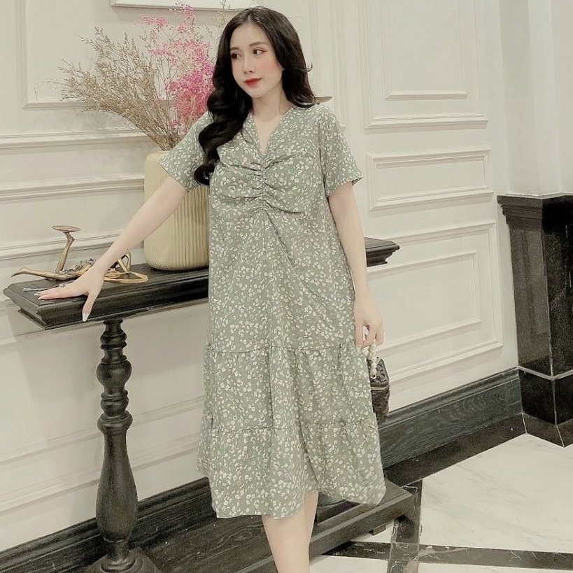 Váy bầu cổ tim rúm ngực M265 chất lụa hoa freesize từ 45 đến 70kg