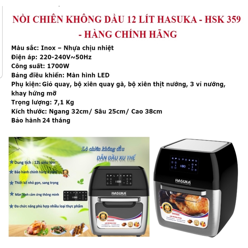 (Mã CHUT002 giảm 8%) Nồi chiên không dầu Hasuka HSK 359 dung tích lớn 12L - Hàng chính hãng