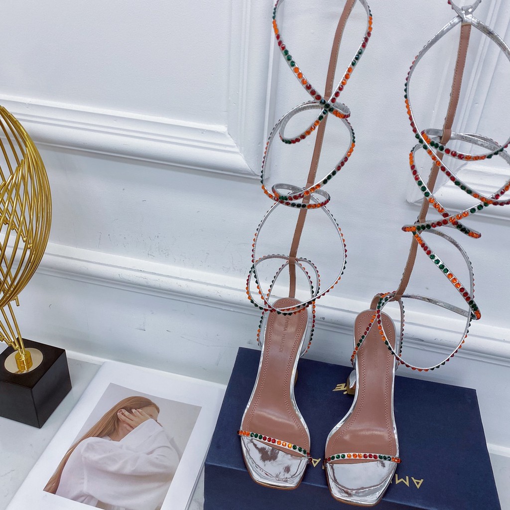 Sandal cao gót thiết kế thời thượng họa tiết đính đá mẫu mới năm nay thời trang da thật cao cấp AMINA MUADDI