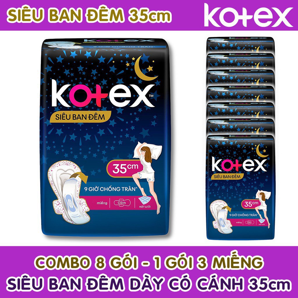 COMBO 8 GÓI BĂNG VỆ SINH BAN ĐÊM 35CM KOTEX, MỖI GÓI 3 MIẾNG