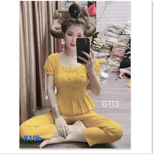 Set áo cổ u tay ngắn đính hột đính nút giữa xòe bụng quần dài